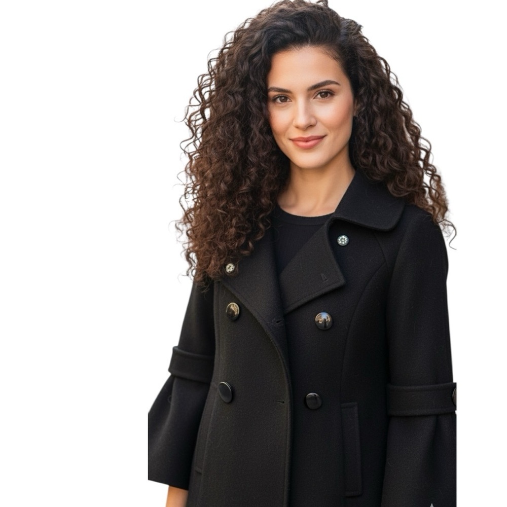 Marc Jacobs Wool Pea Jacket Coat Bell Sleeve Crop Lightweight Pockets Black M